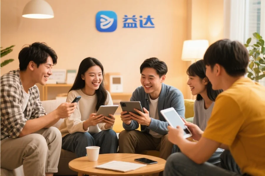 一群年轻用户围坐在一起，使用平板和手机愉快地交流，背景温馨现代，象征恒行3应用的社区活跃氛围